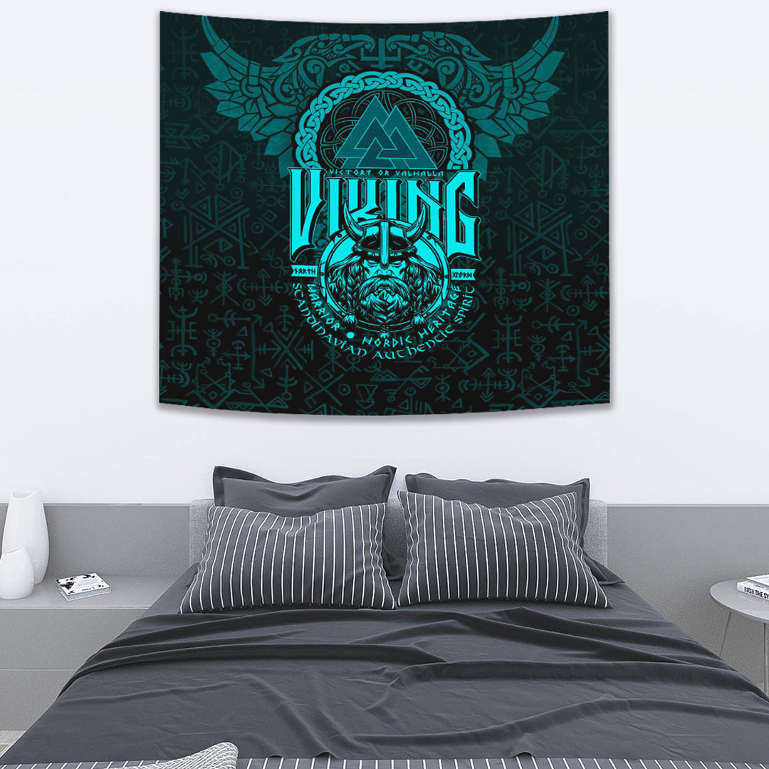 Viking Tapestry Warriors Valknut Cyan