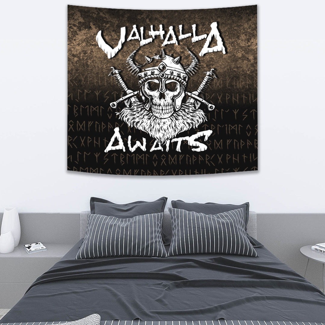 Viking Tapestry Valhalla Awaits Viking Tapestry Skull Warrior Axe
