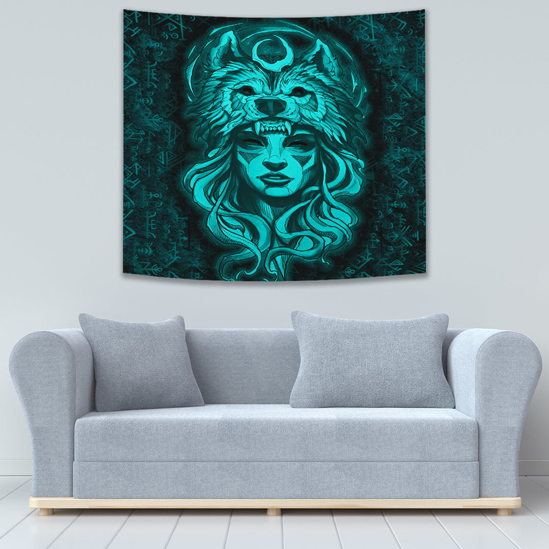 Viking Tapestry Valkyries And Wolf Moon Turquoise