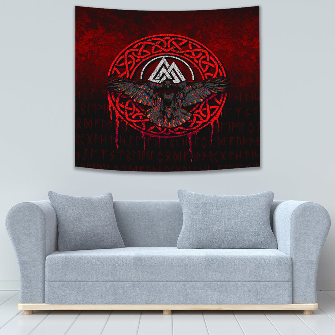 Viking Tapestry Valhalla Norse Mythology Raven Black Crow Red Version