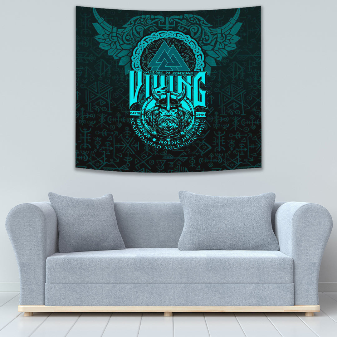 Viking Tapestry Warriors Valknut Cyan