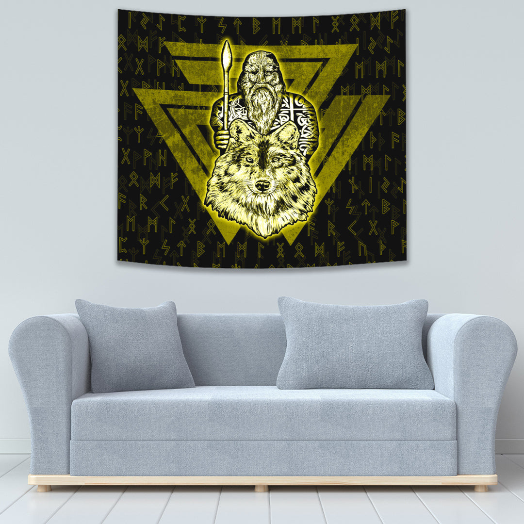 Viking Tapestry Odin Wolf Gold