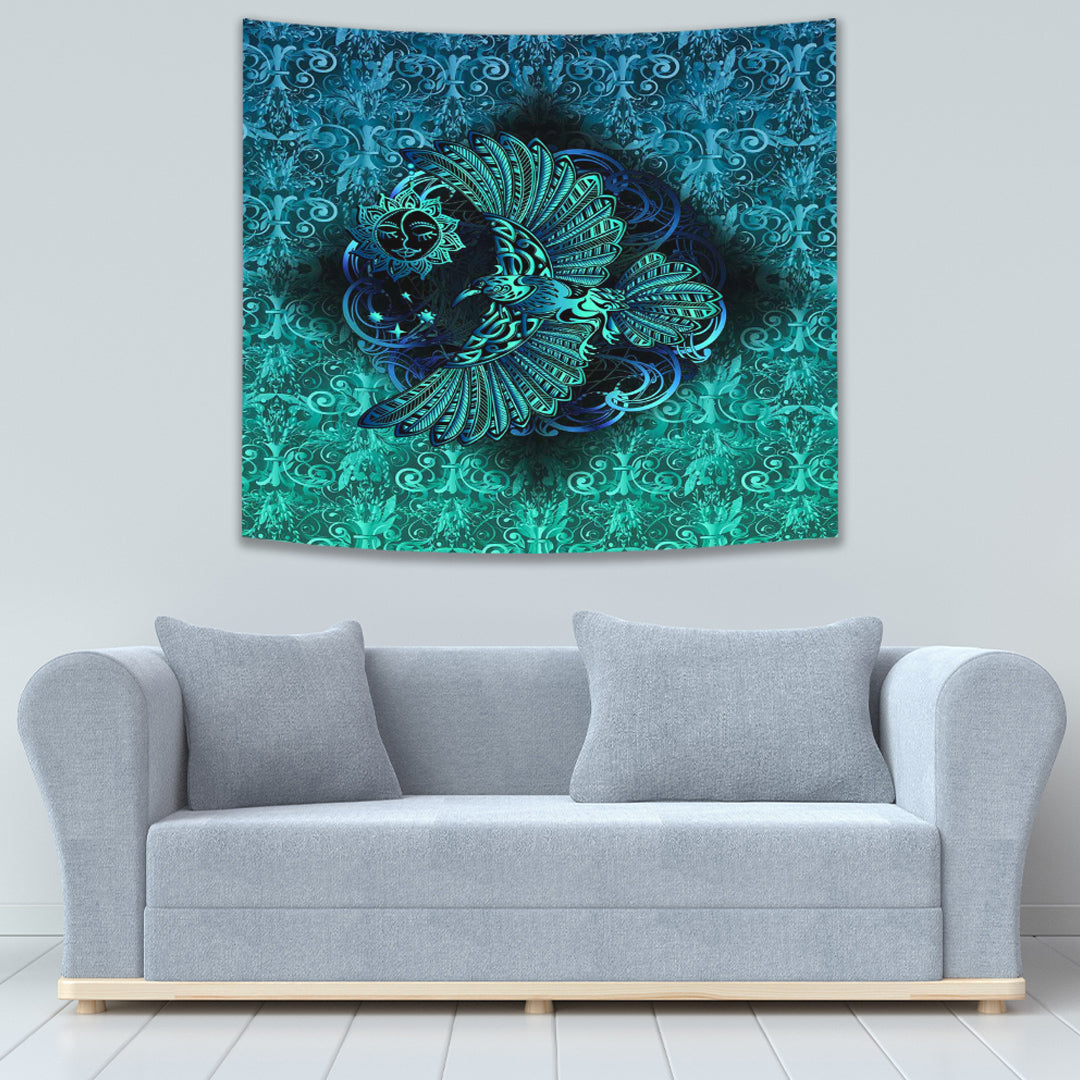 Viking Tapestry Odin's Celtic Raven on the Background Yggdrasil Tree Cyan Celtic Tattoo