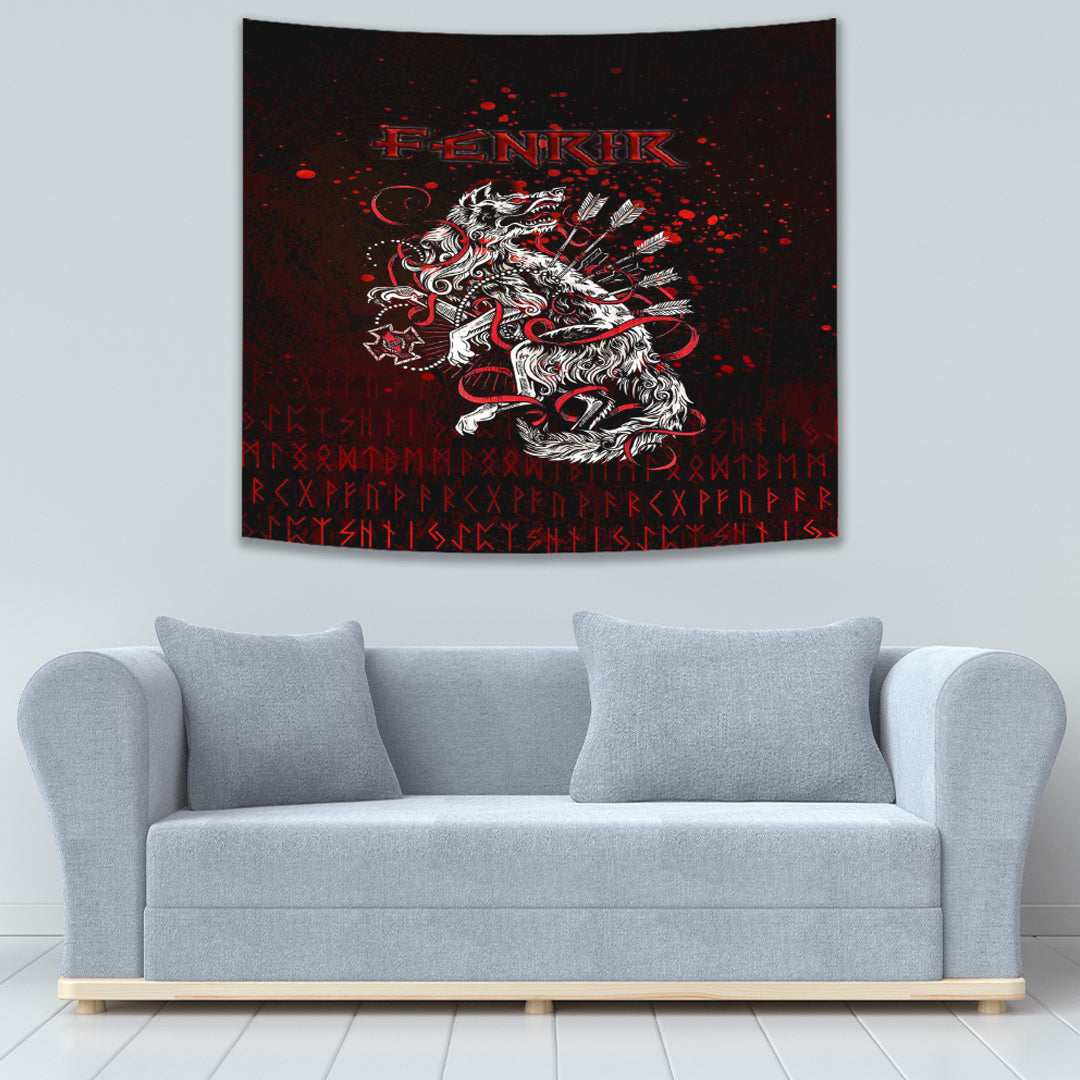 Viking Tapestry Fenrir and Arrow on Blood Background