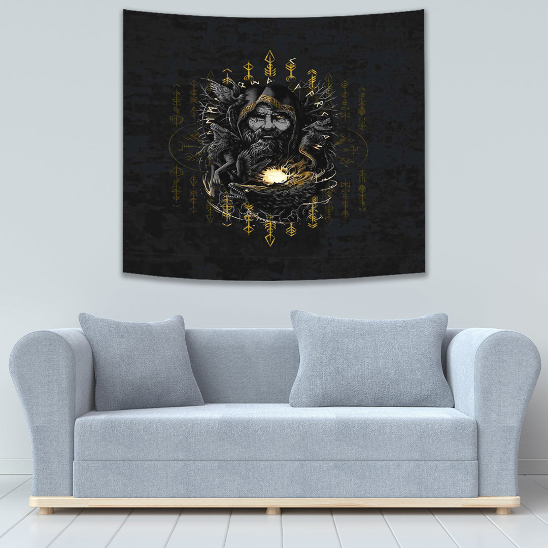 Viking Tapestry Odin Geri and Freki Rune Style