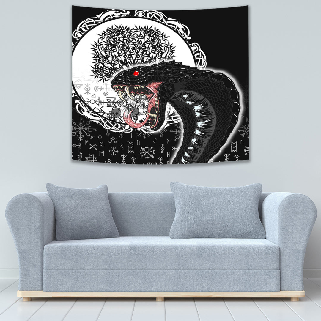 Viking Tapestry Jomngandr and Yggdrasil Black and White
