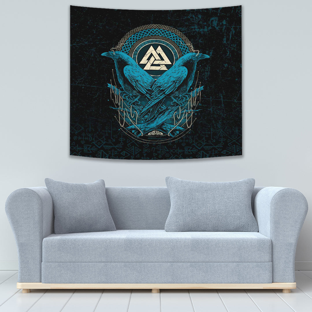 Viking Tapestry Huginn and Muninn Valknut Cyan Style