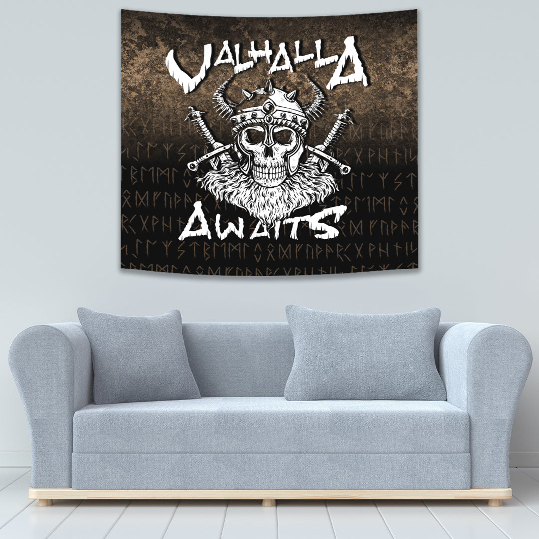 Viking Tapestry Valhalla Awaits Viking Tapestry Skull Warrior Axe