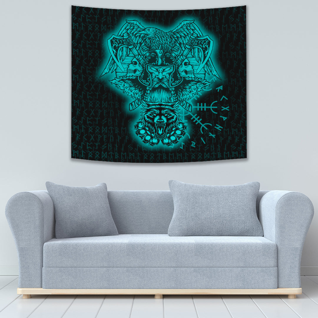 Viking Tapestry Odin And Raven Wolf Turquoise 