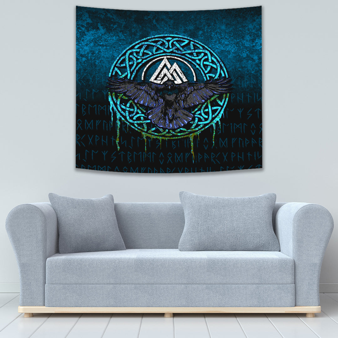Viking Tapestry Valhalla Norse Mythology Raven Black Crow Cyan Version