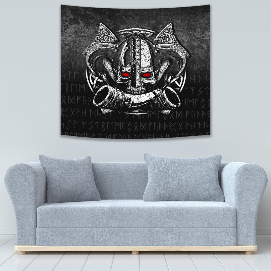 Viking Tapestry Nordic Mythology Skull Mead Horn Warrior Runes Viking