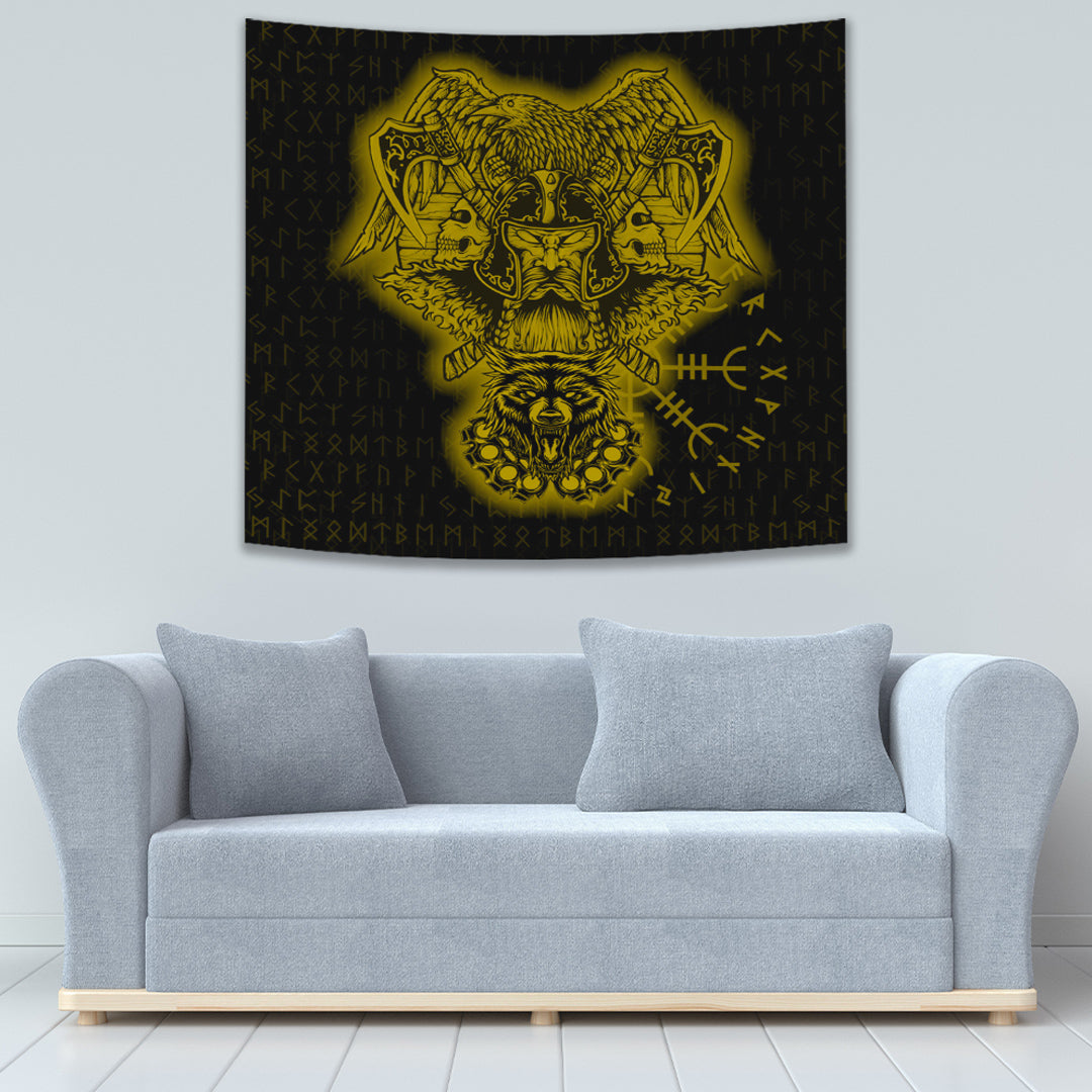 Viking Tapestry Odin And Raven Wolf Gold 