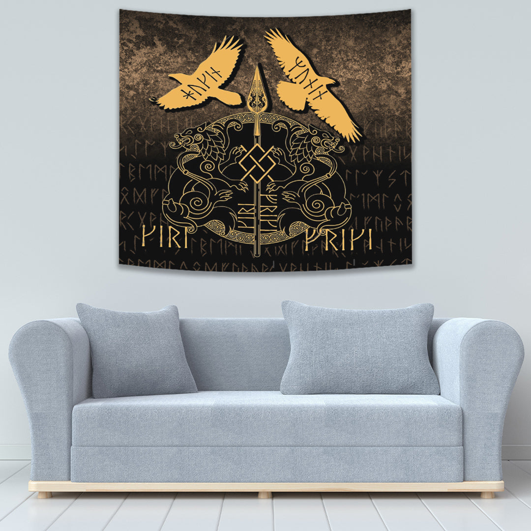 Viking Tapestry Norse Mythology Spear of Odin Gungnir Runes Geri Freki Huginn Muninn