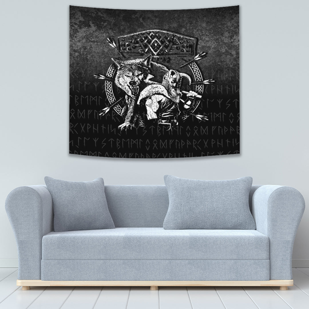 Viking Tapestry Fenrir Wolf Of Odin Norse Runes Thor Hammer Mjolnir