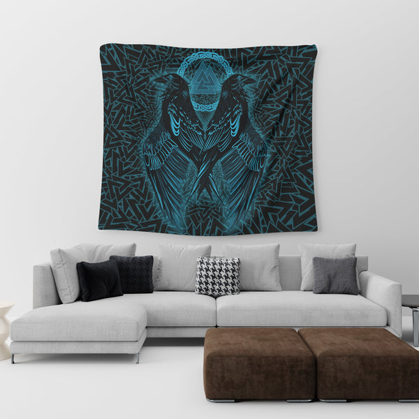 Viking Tapestry Raven Valknut Cyan