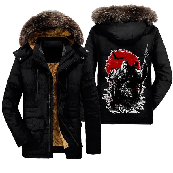 Viking Parka Jacket The Harsh God Odin Against The Background Of Red Sun