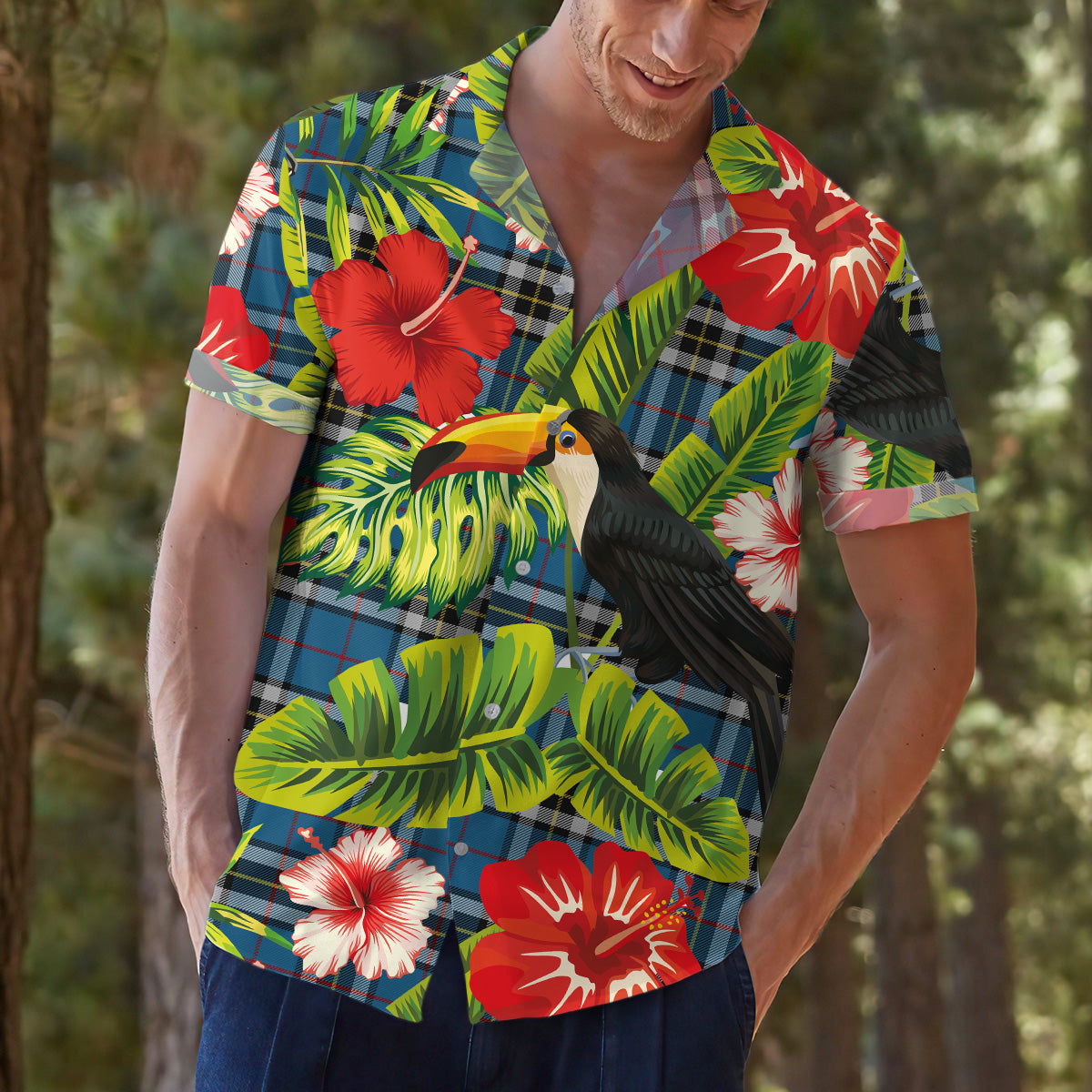 Scottish Tartan Thomson Dress Blue Clan Hawaiian Shirt Hibiscus - Tropical Garden Style