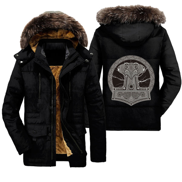 Viking Parka Jacket Thor'S Hammer Mjollnir Against The Backdrop Of The Glittering Lightning