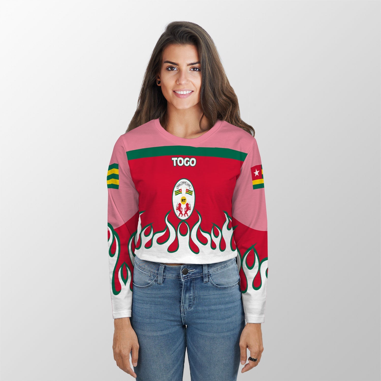 Togo Crop Top Long TShirt Flag & Coat Of Arms Fire Hockey Style