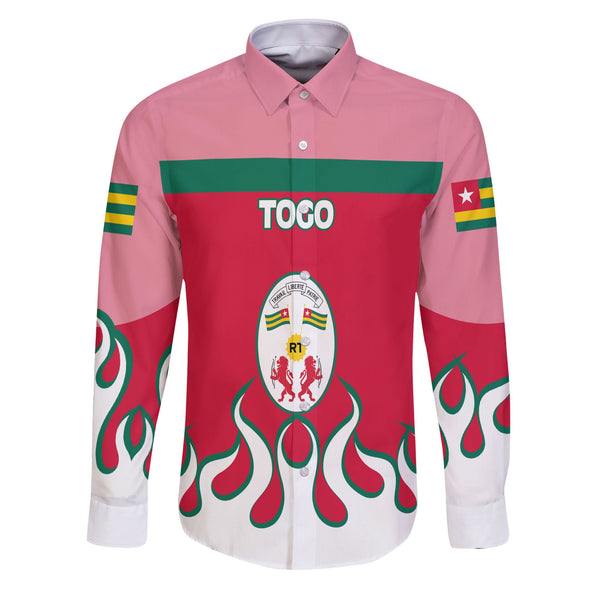 Togo Long Sleeve Button Shirt Flag & Coat Of Arms Fire Hockey Style