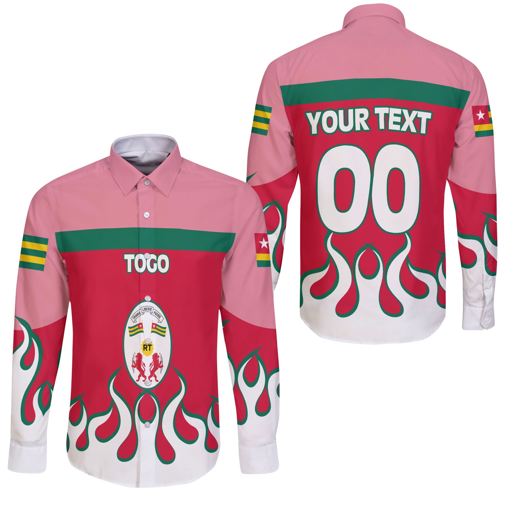 Togo Long Sleeve Button Shirt Flag & Coat Of Arms Fire Hockey Style