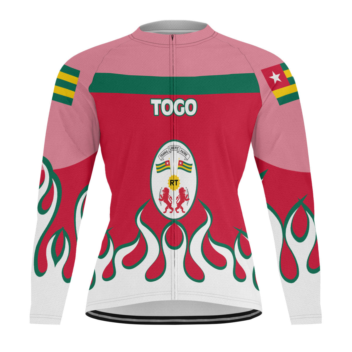 Togo Men's Cycling Jersey Long Sleeve Flag & Coat Of Arms Fire Hockey Style