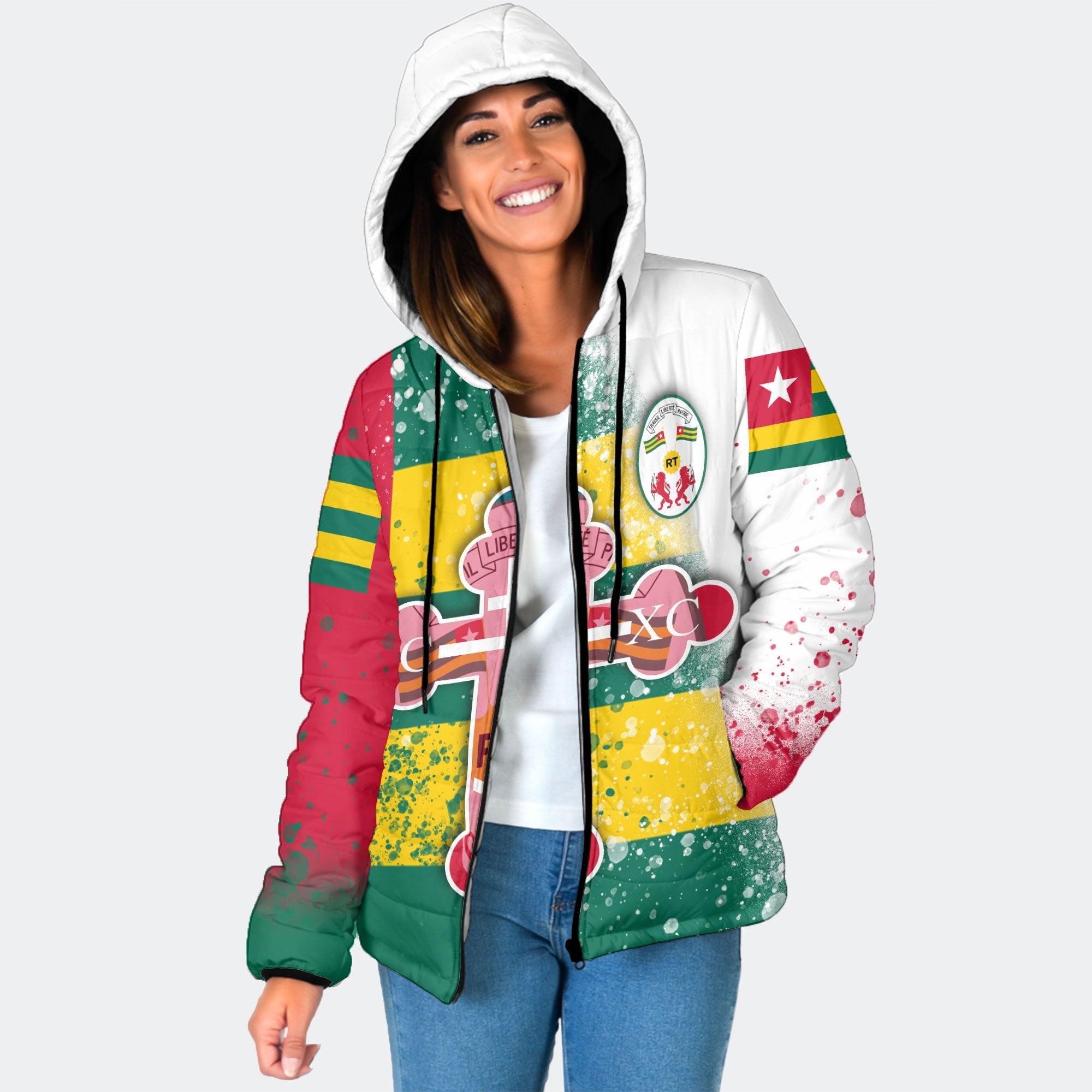 Togo Women Hooded Padded Jacket Flag & Coat Of Arms Orthodox Style