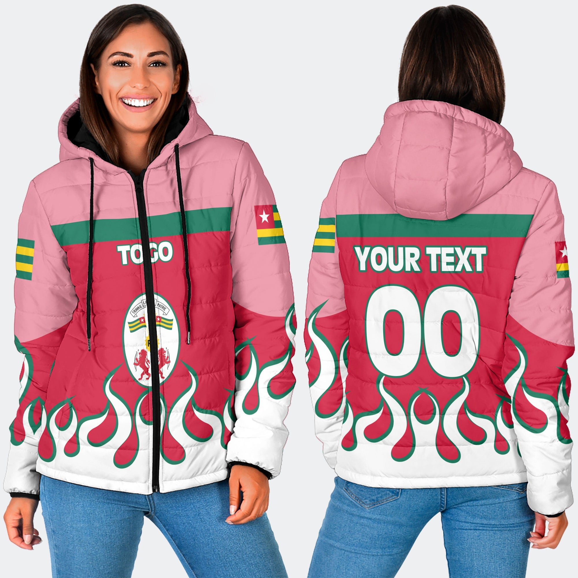 Togo Women Hooded Padded Jacket Flag & Coat Of Arms Fire Hockey Style