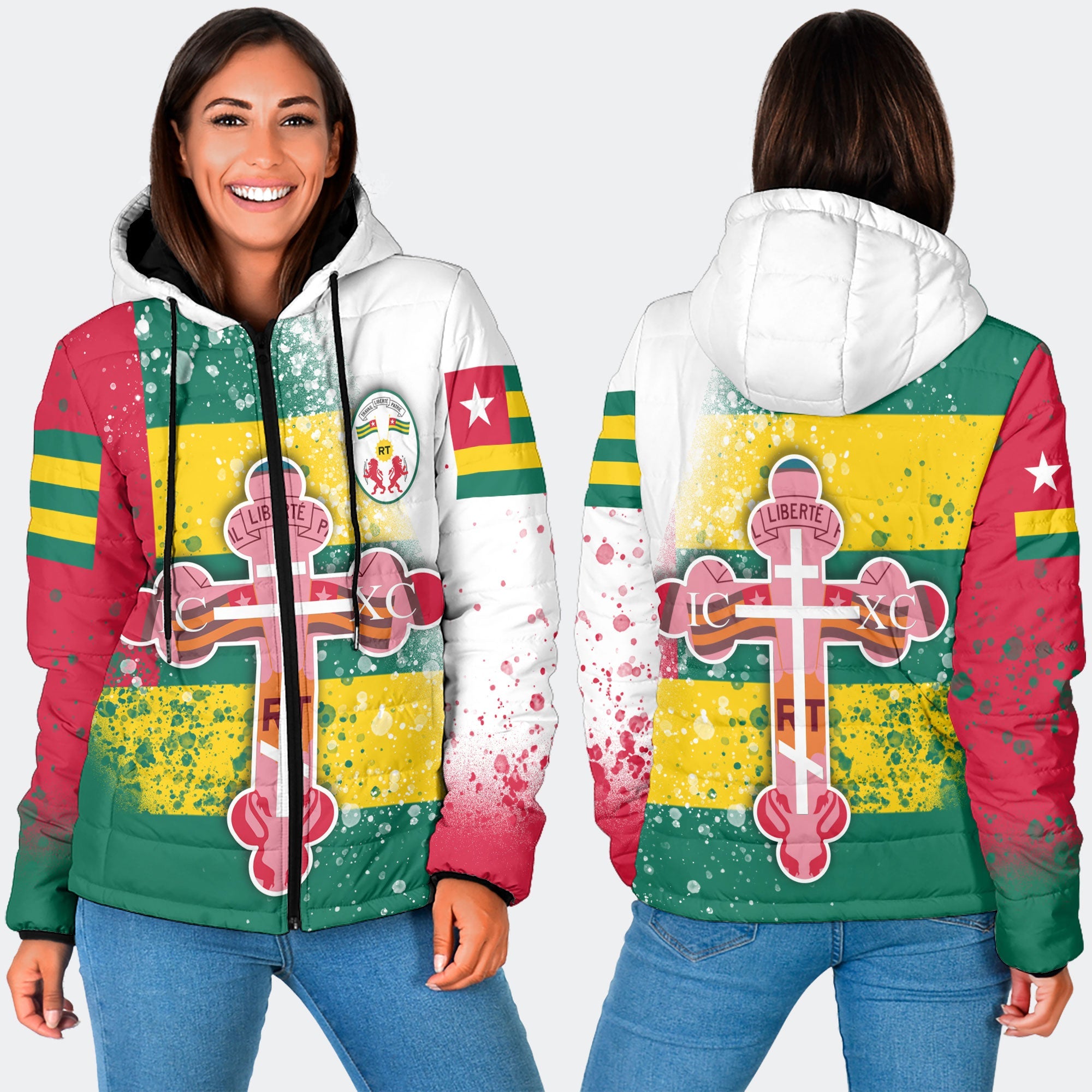 Togo Women Hooded Padded Jacket Flag & Coat Of Arms Orthodox Style