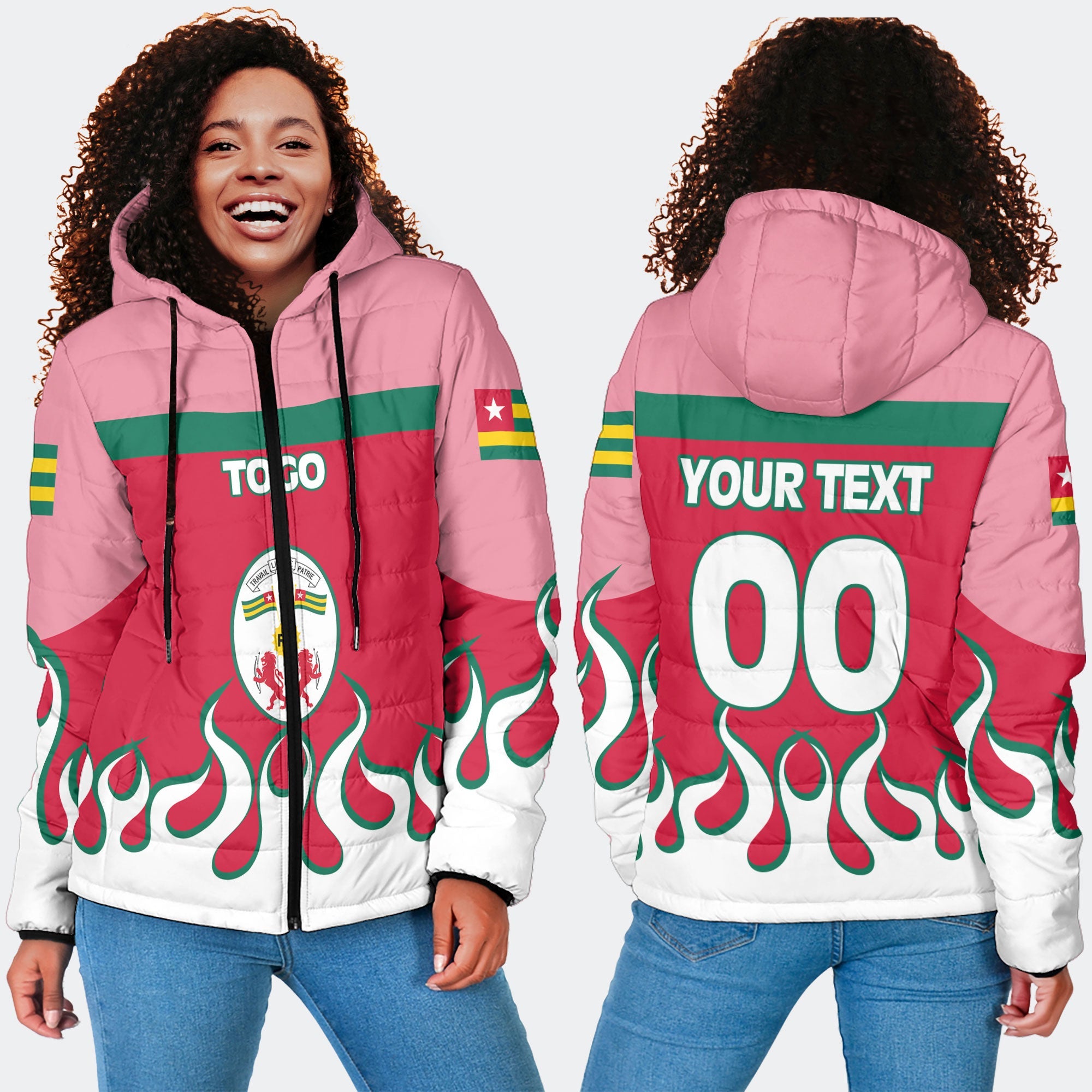 Togo Women Hooded Padded Jacket Flag & Coat Of Arms Fire Hockey Style