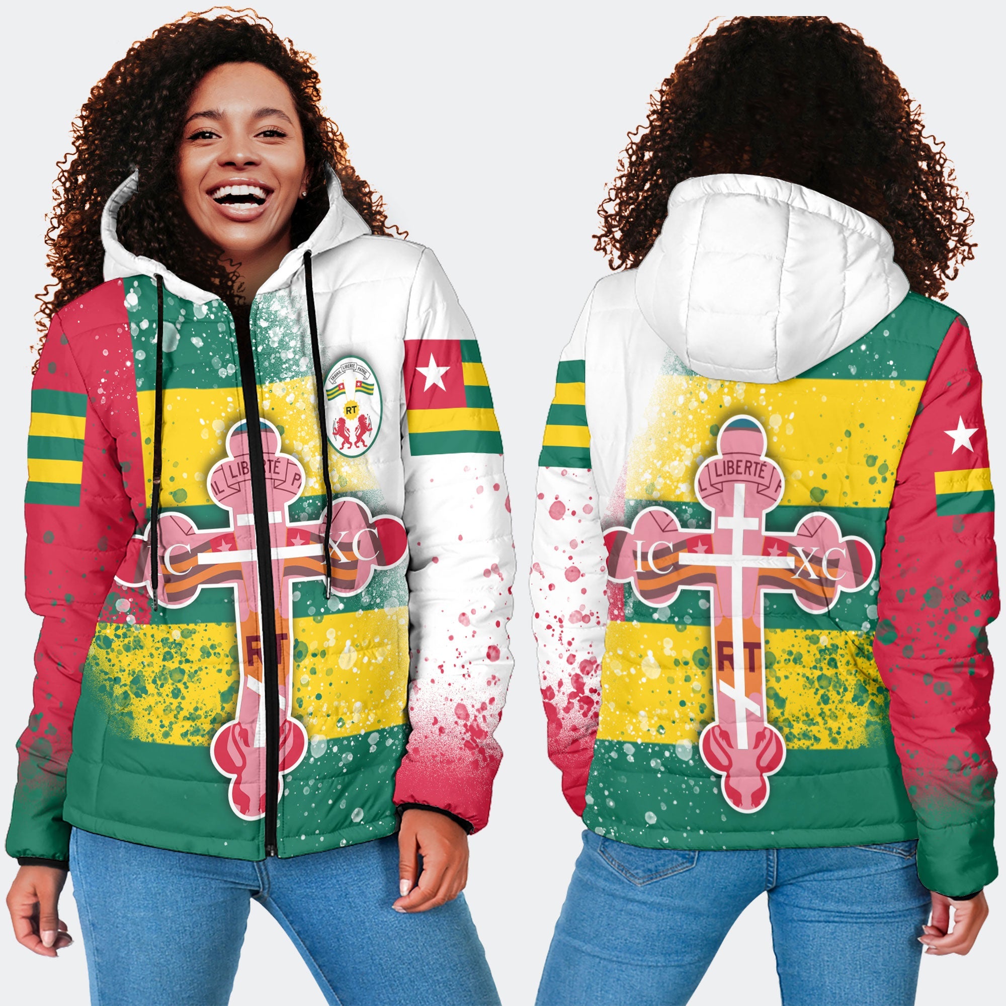 Togo Women Hooded Padded Jacket Flag & Coat Of Arms Orthodox Style