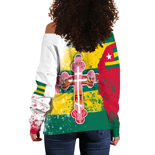 Togo Women Off Shoulder Sweatshirt Flag & Coat Of Arms Orthodox Style