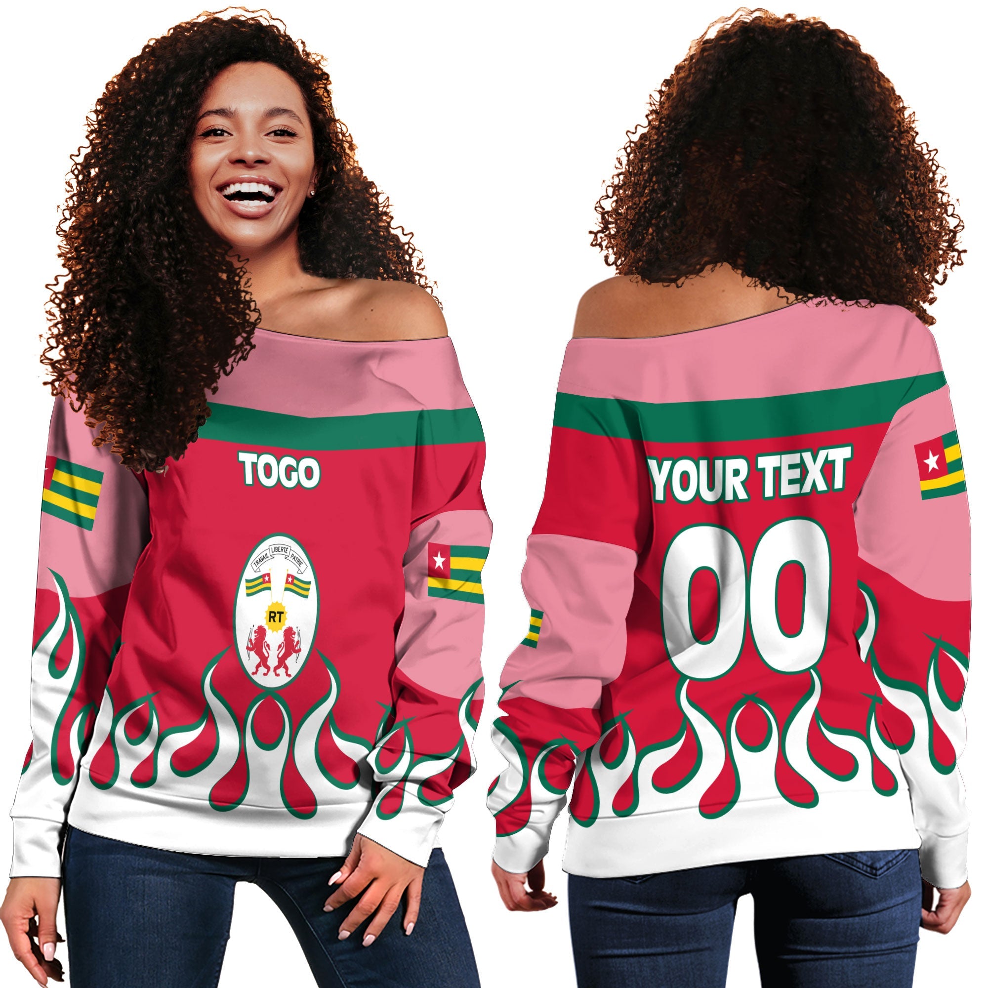 Togo Women Off Shoulder Sweatshirt Flag & Coat Of Arms Fire Hockey Style