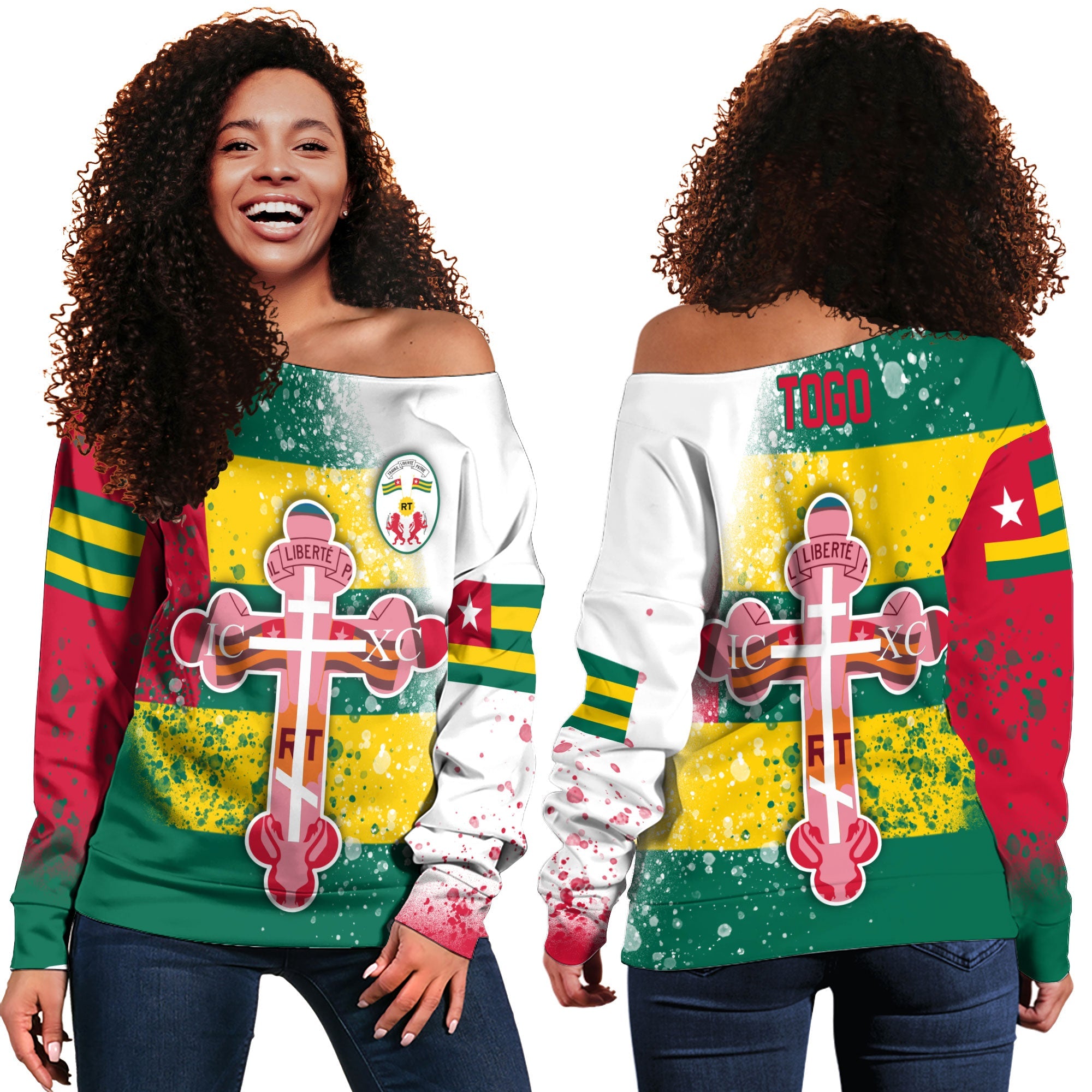 Togo Women Off Shoulder Sweatshirt Flag & Coat Of Arms Orthodox Style