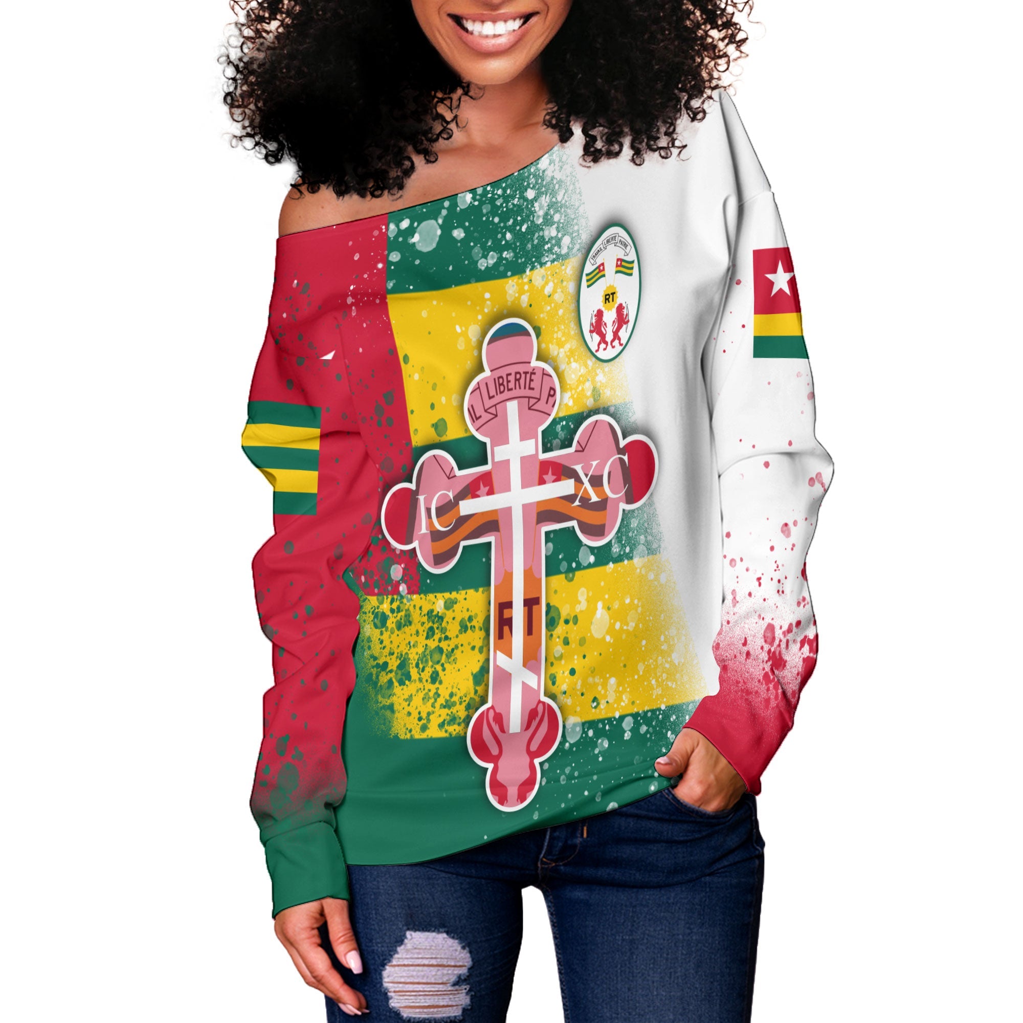 Togo Women Off Shoulder Sweatshirt Flag & Coat Of Arms Orthodox Style