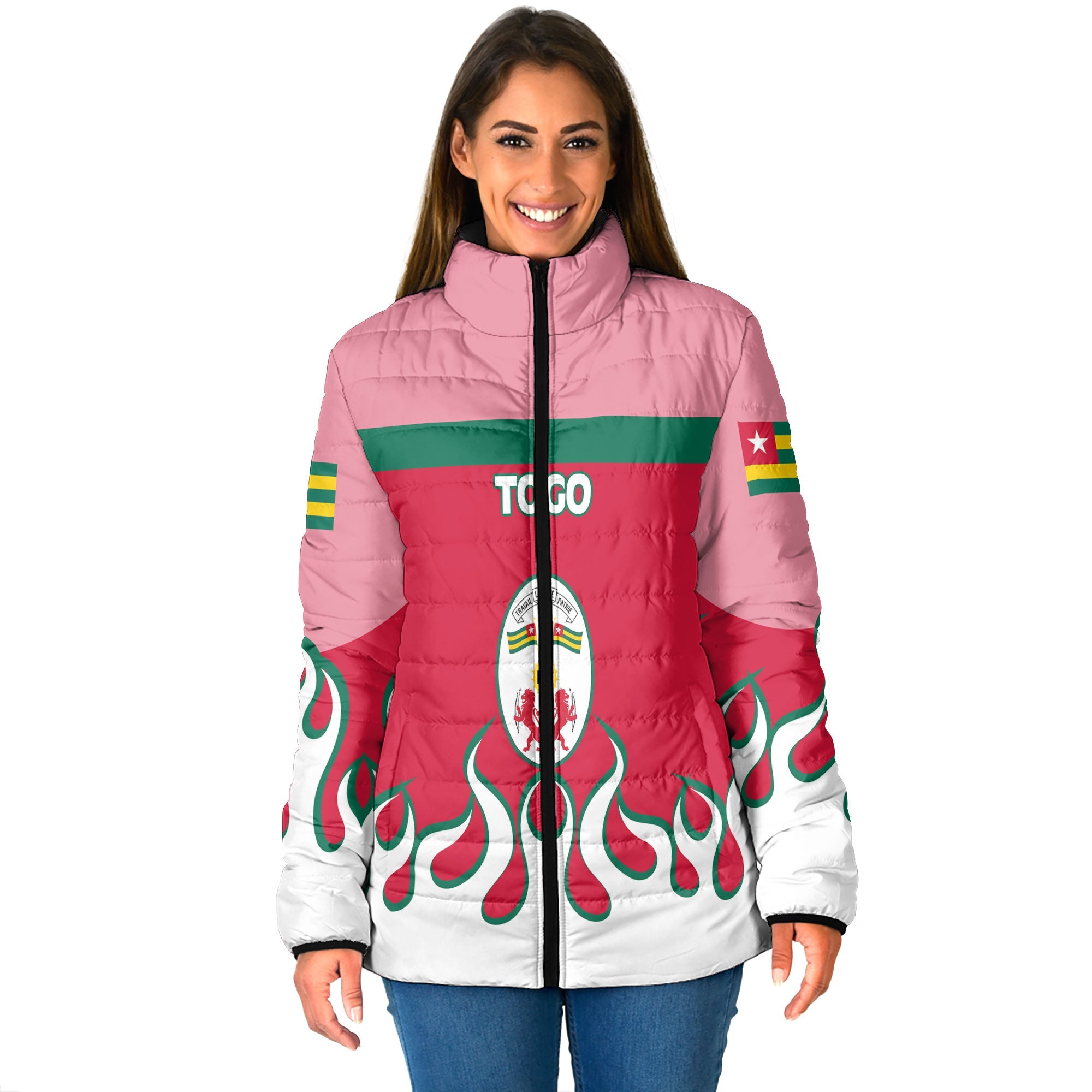 Togo Women Padded Jacket Flag & Coat Of Arms Fire Hockey Style