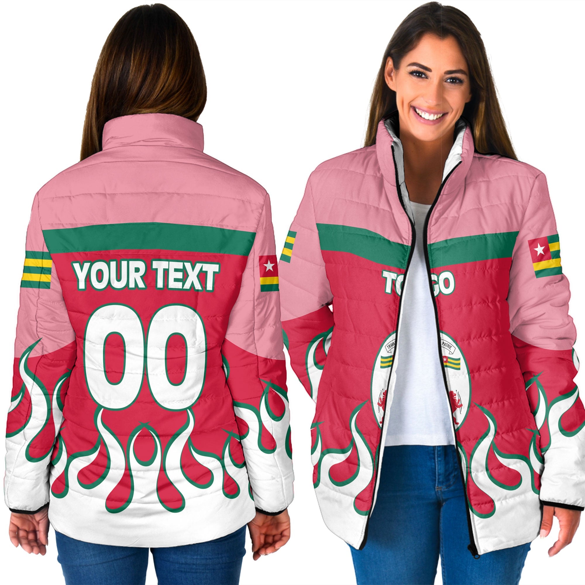 Togo Women Padded Jacket Flag & Coat Of Arms Fire Hockey Style