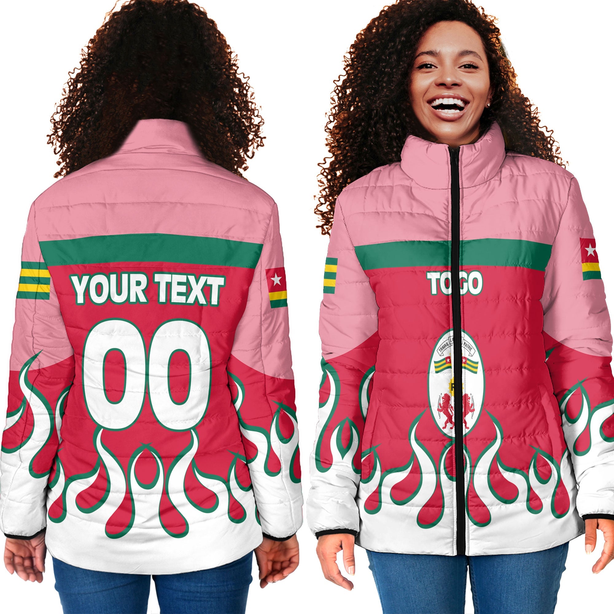 Togo Women Padded Jacket Flag & Coat Of Arms Fire Hockey Style