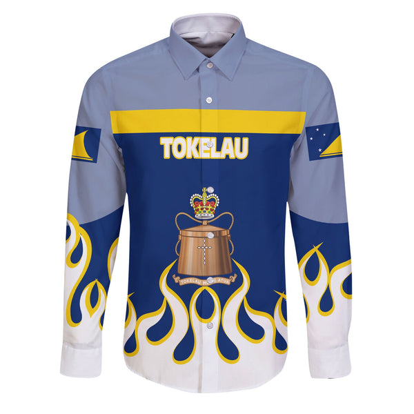 Tokelau Long Sleeve Button Shirt Flag & Coat Of Arms Fire Hockey Style