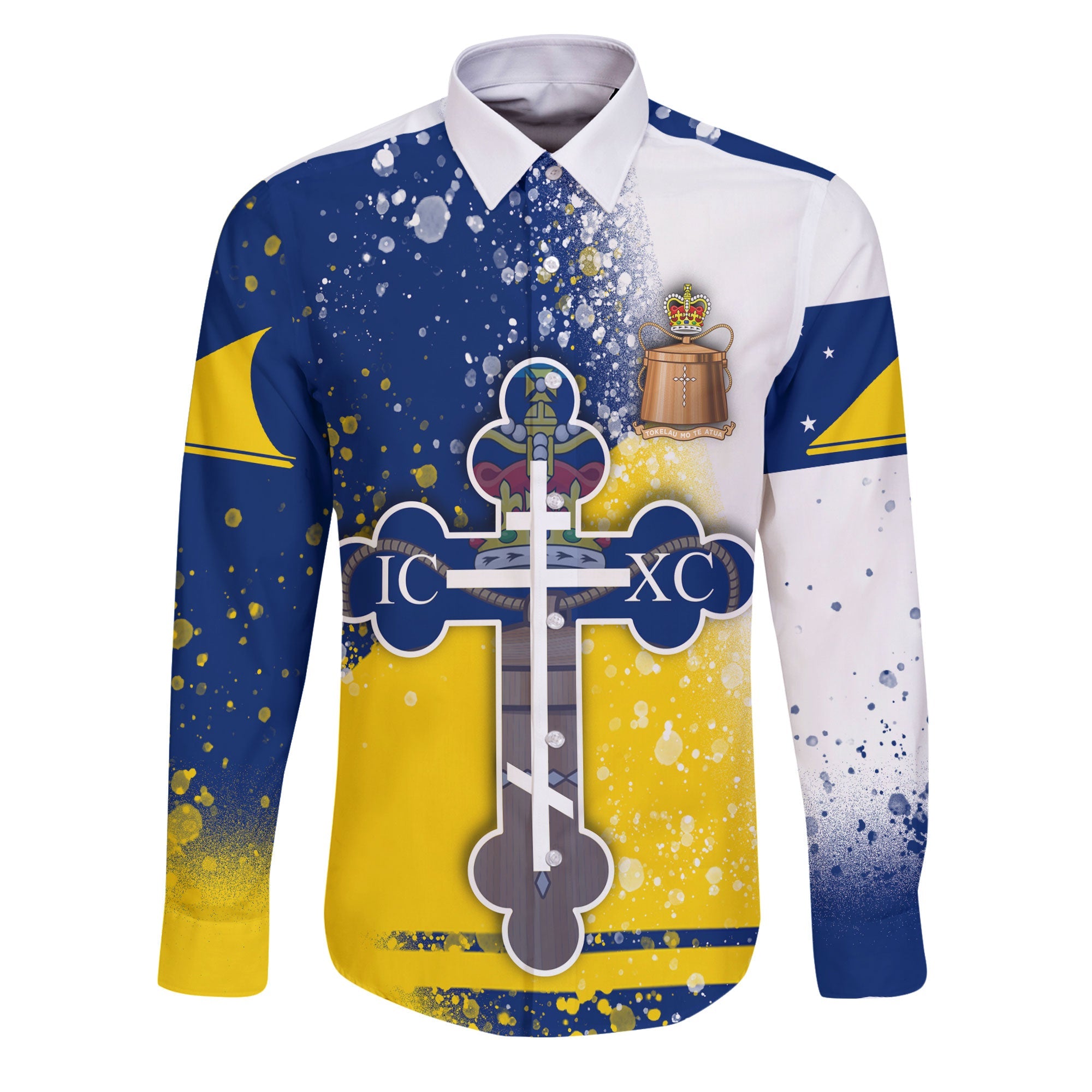 Tokelau Long Sleeve Button Shirt Flag & Coat Of Arms Orthodox Style