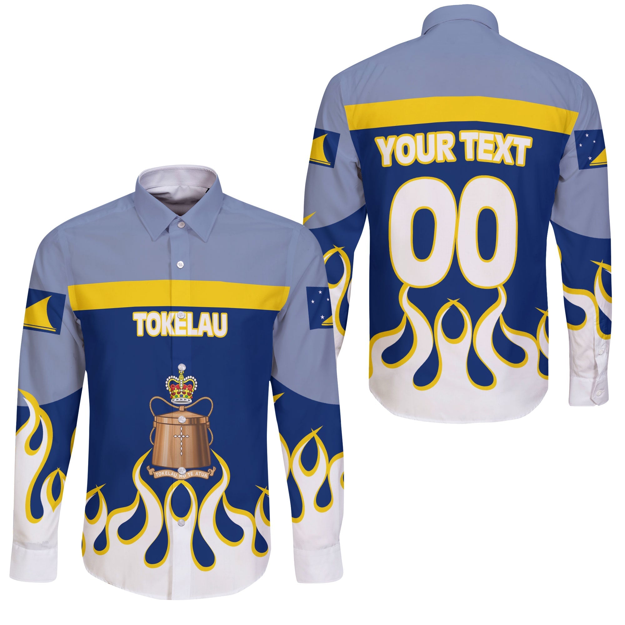 Tokelau Long Sleeve Button Shirt Flag & Coat Of Arms Fire Hockey Style