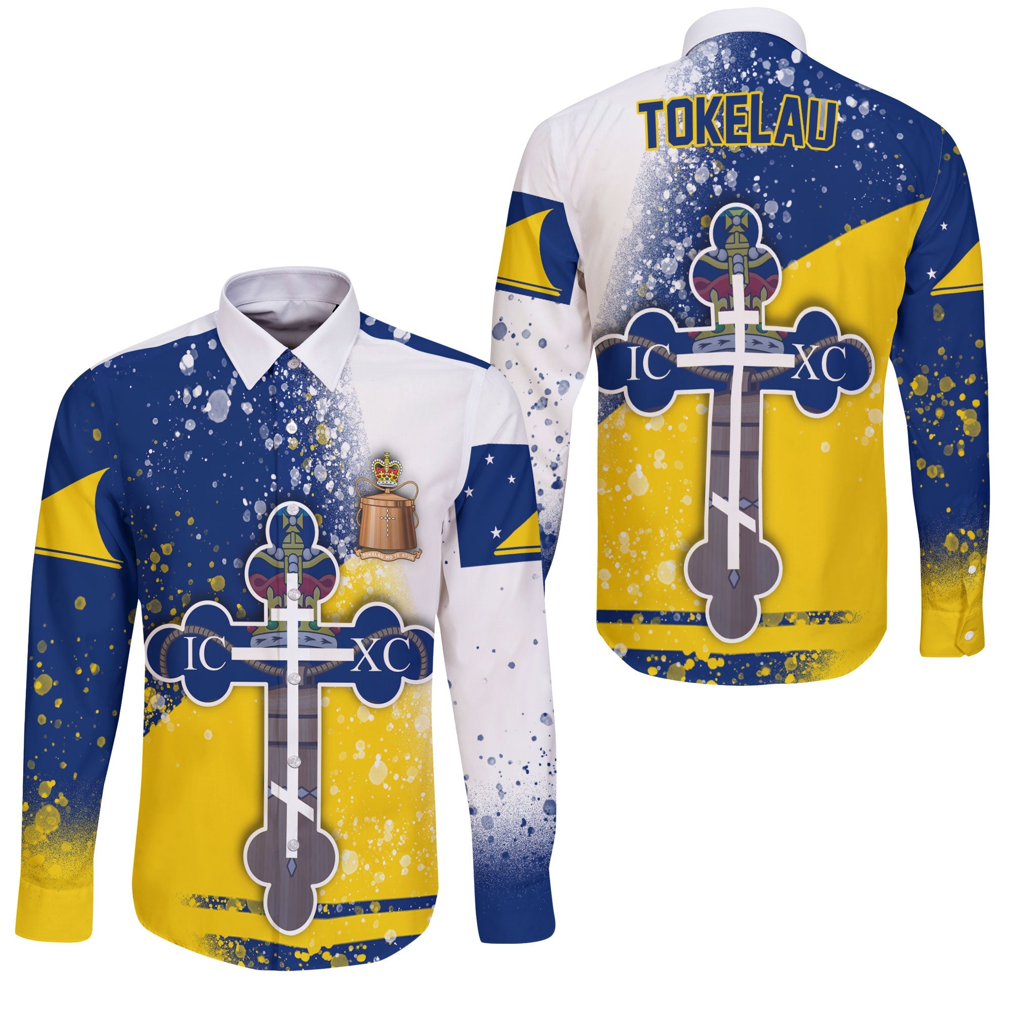 Tokelau Long Sleeve Button Shirt Flag & Coat Of Arms Orthodox Style