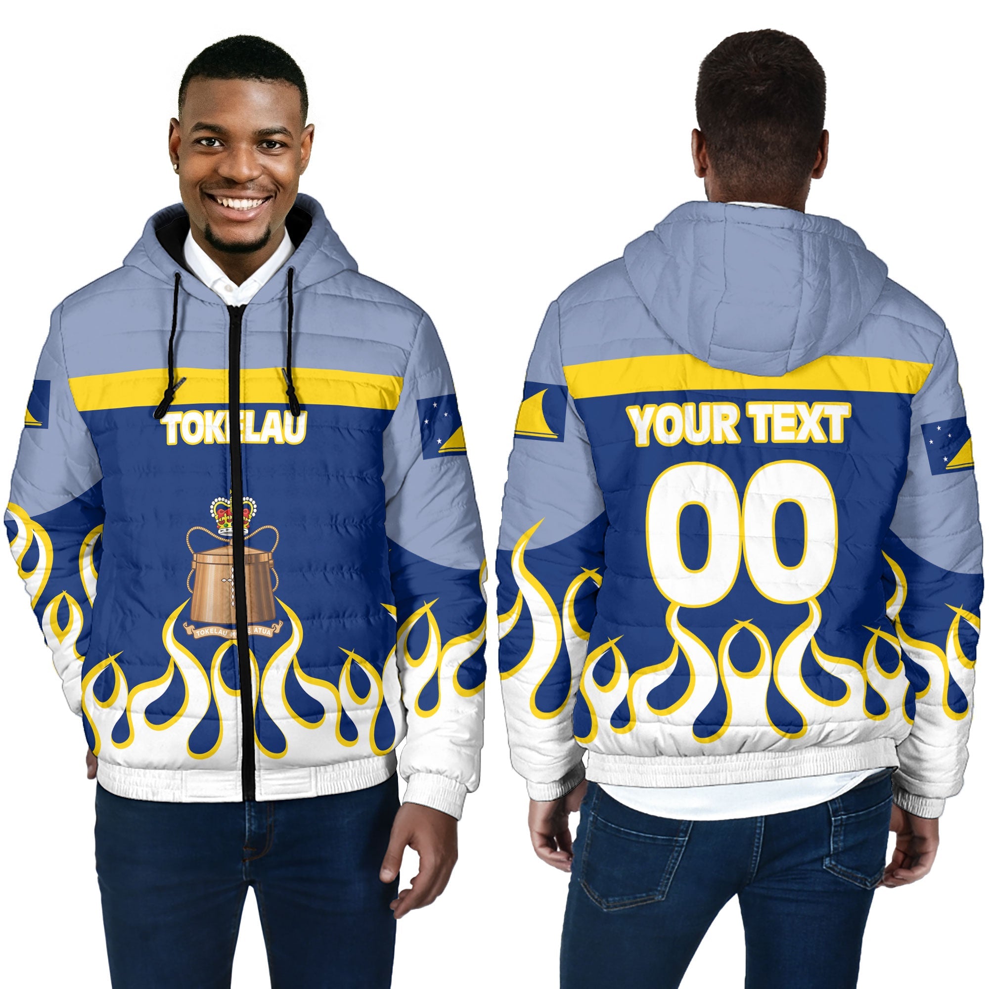 Tokelau Men Hooded Padded Jacket Flag & Coat Of Arms Fire Hockey Style