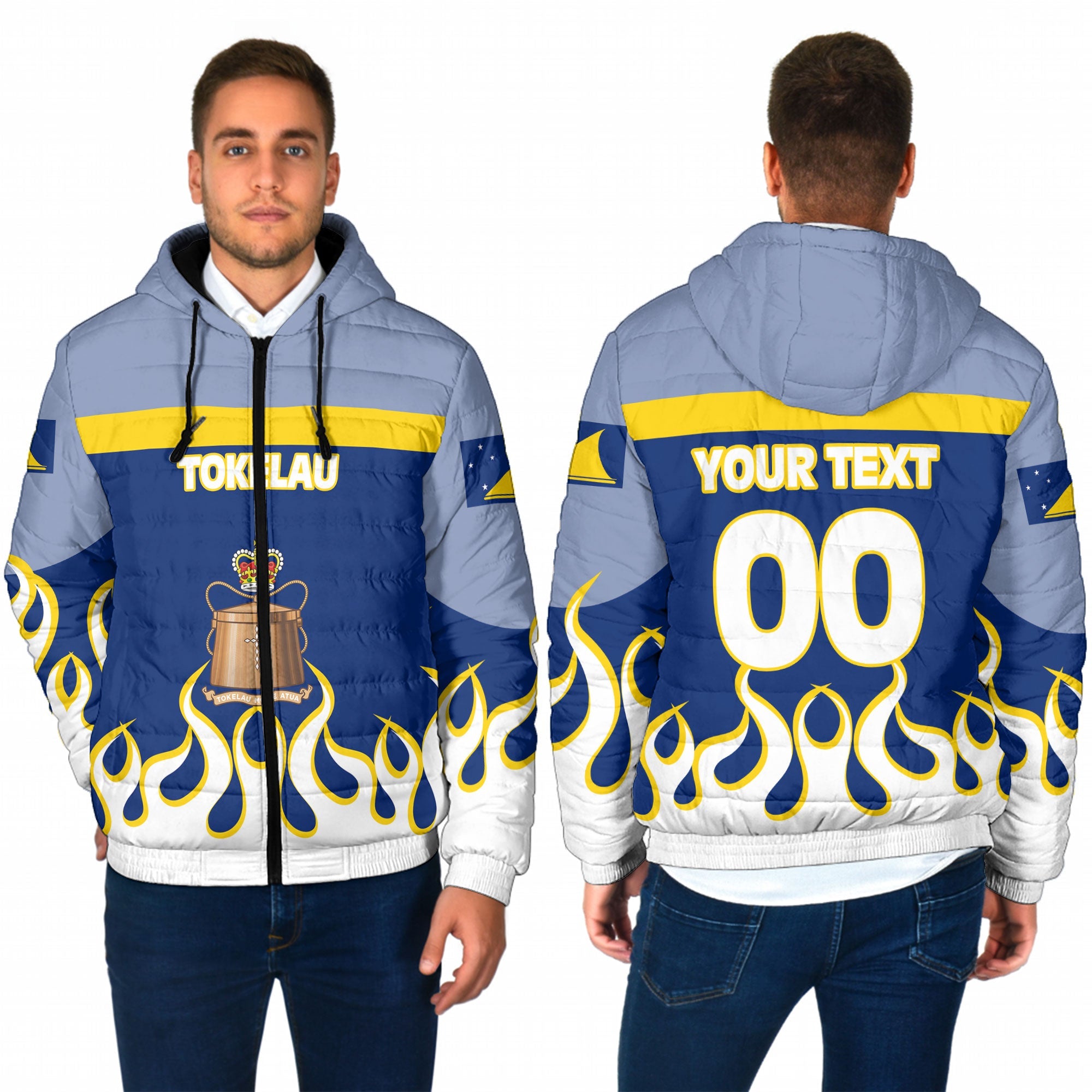 Tokelau Men Hooded Padded Jacket Flag & Coat Of Arms Fire Hockey Style