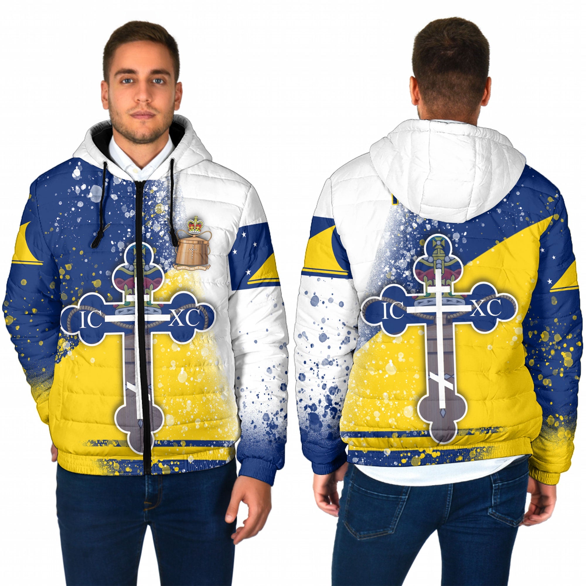 Tokelau Men Hooded Padded Jacket Flag & Coat Of Arms Orthodox Style