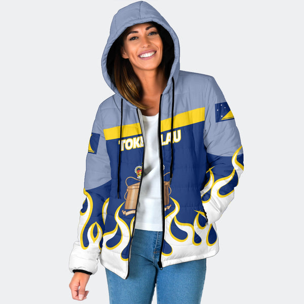 Tokelau Women Hooded Padded Jacket Flag & Coat Of Arms Fire Hockey Style