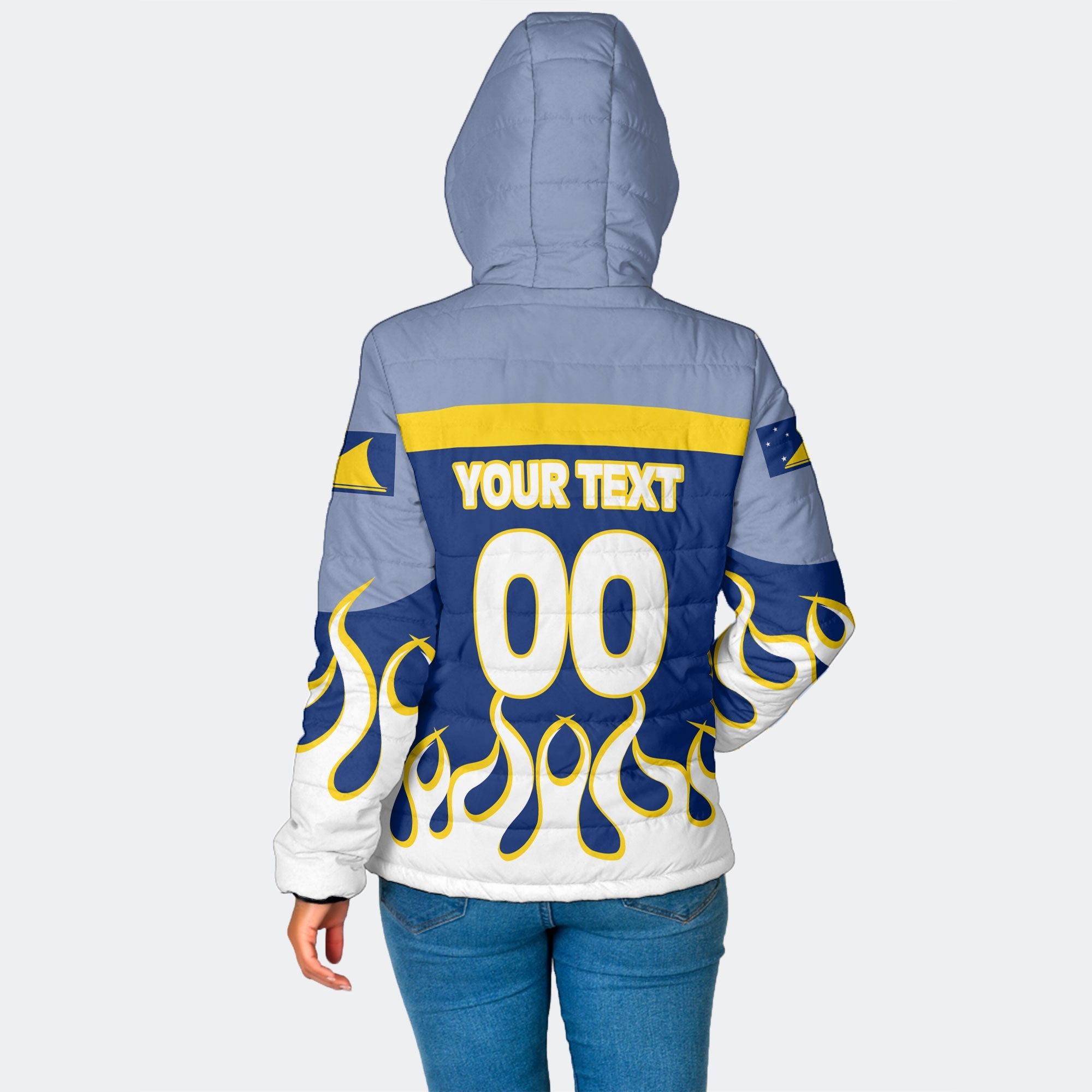 Tokelau Women Hooded Padded Jacket Flag & Coat Of Arms Fire Hockey Style