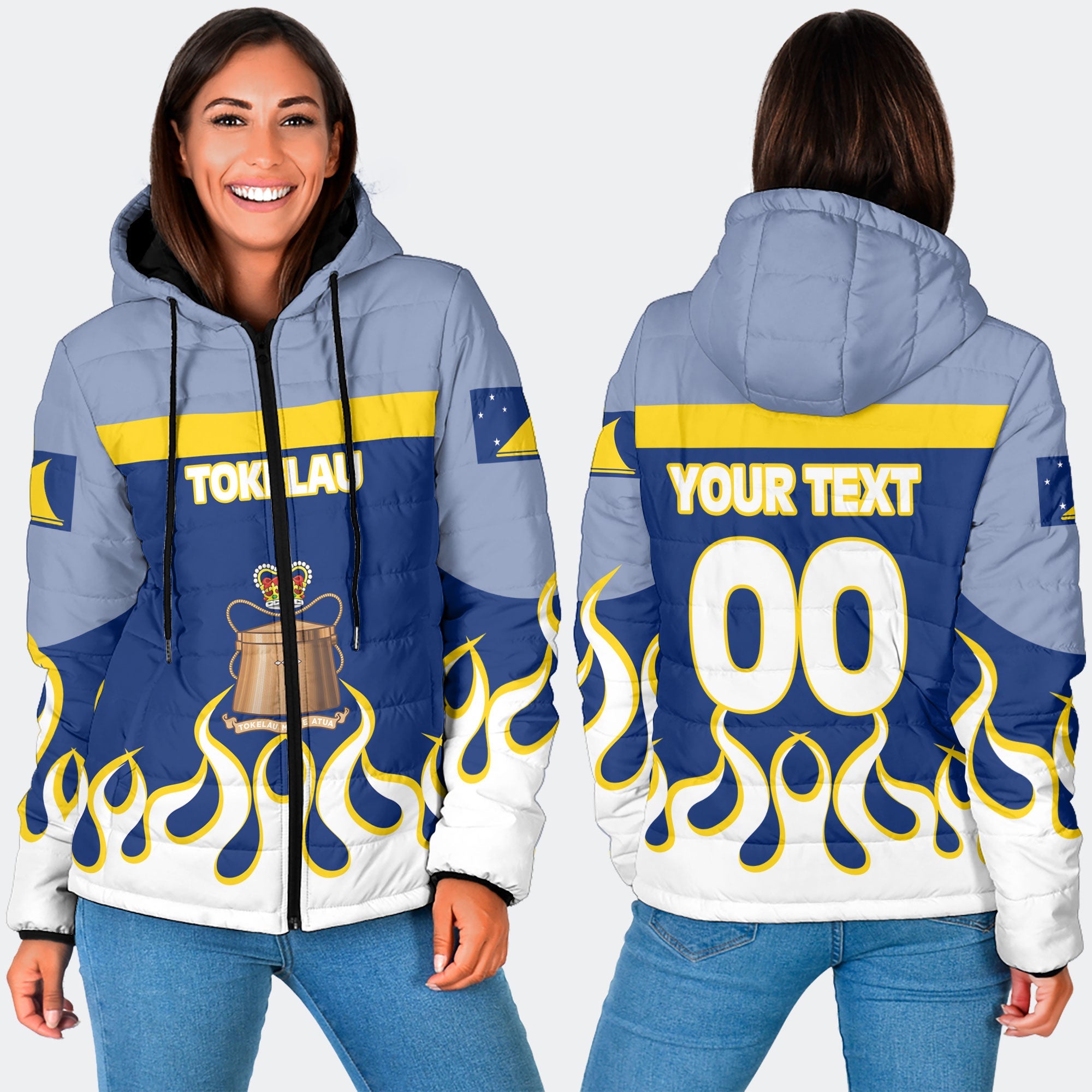 Tokelau Women Hooded Padded Jacket Flag & Coat Of Arms Fire Hockey Style