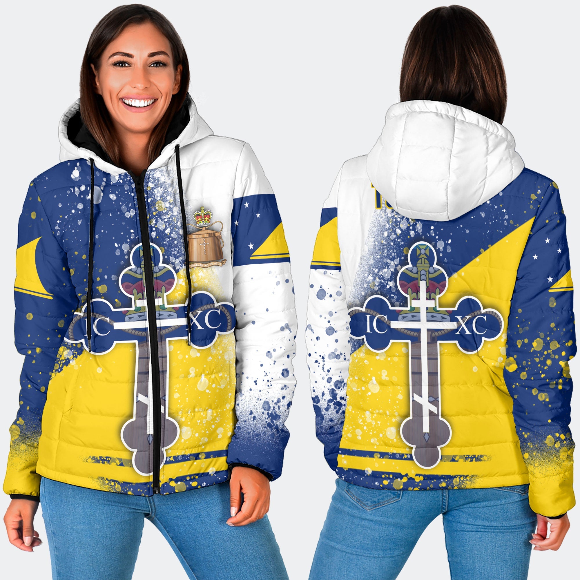 Tokelau Women Hooded Padded Jacket Flag & Coat Of Arms Orthodox Style