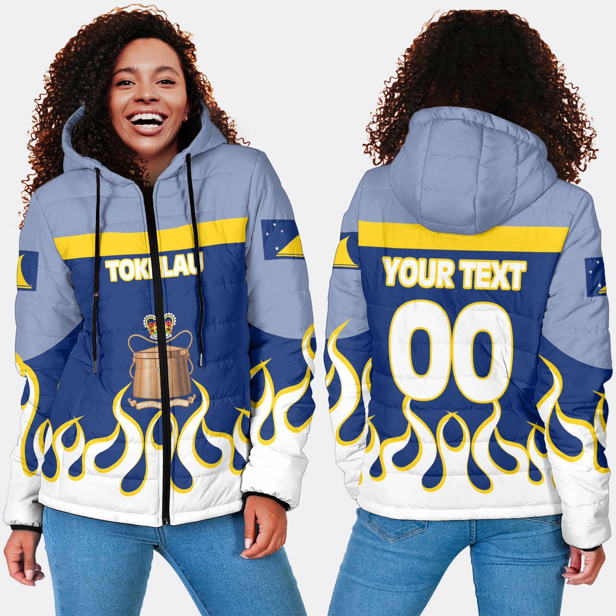 Tokelau Women Hooded Padded Jacket Flag & Coat Of Arms Fire Hockey Style